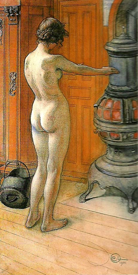 Carl Larsson leontine staende , naken rygg- naken flicka framfor kamin- framfor kaminen